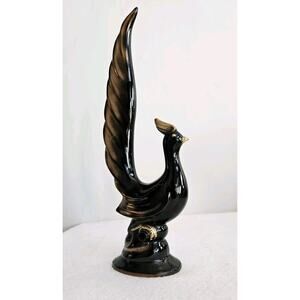 Vintage MCM Ceramic Phoenix Bird Figurine Black Gold Long Tail